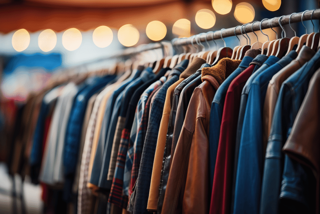 A row of vintage clothing at an antique store